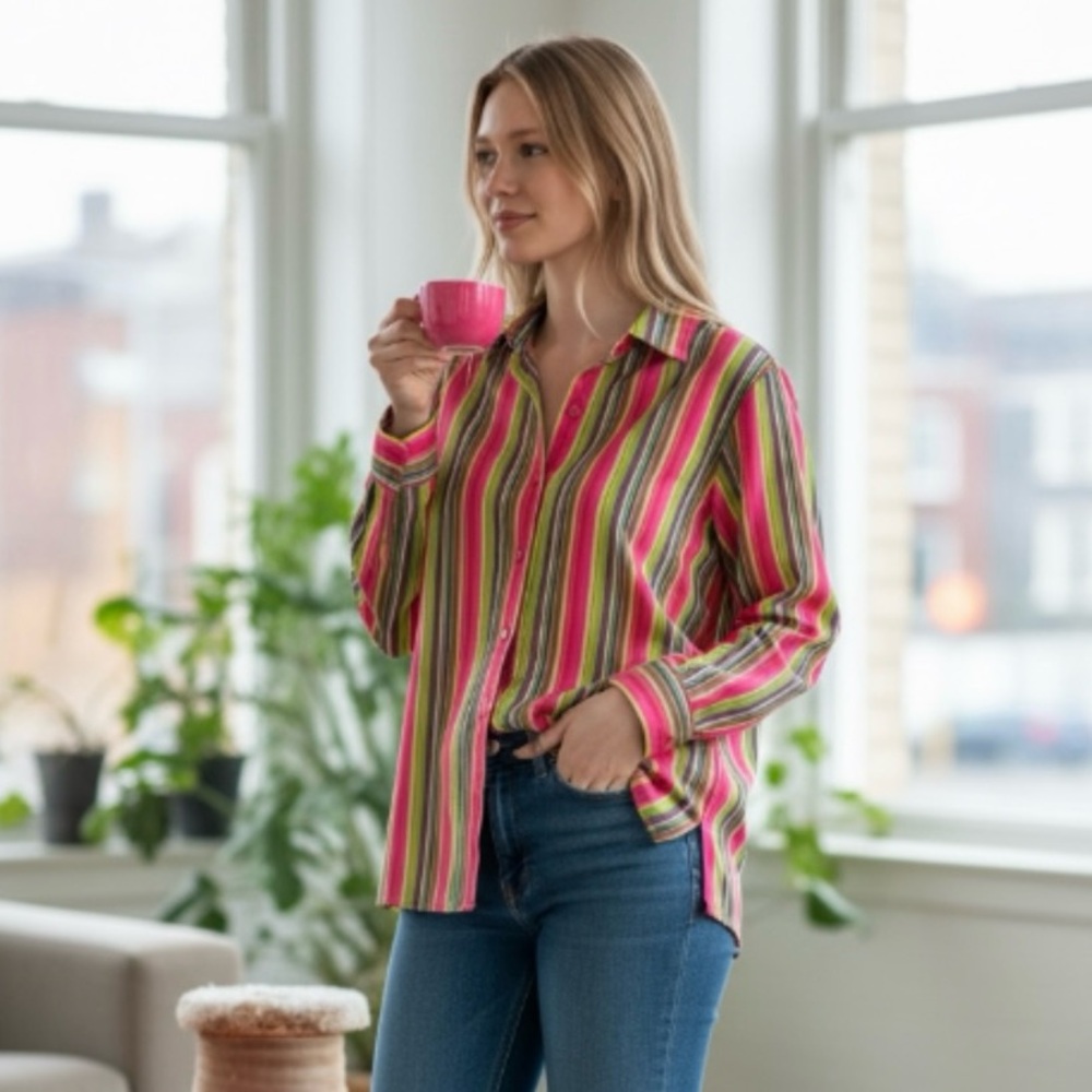 Foxcroft Striped Long Sleeve Button Down Shirt Size 14 - Picture 3 of 10